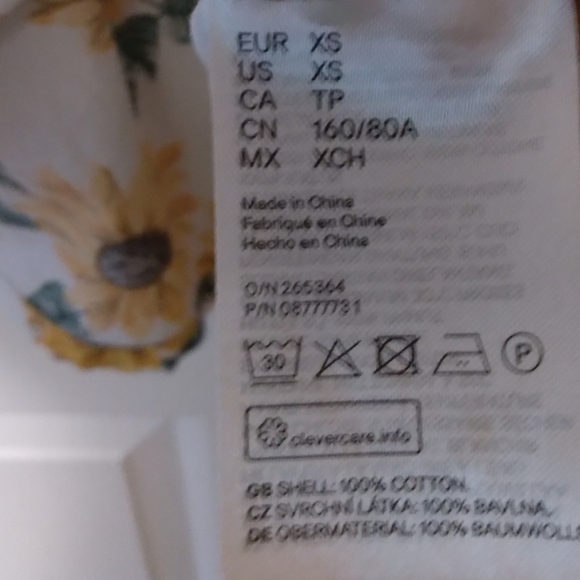 H&m Sunflower Print 100% Cotton Short Sleeve V-Neck Babydoll Mini Dress XS - Picture 3 of 5